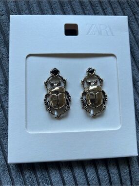 ZARA Gold Beetle Drop Earrings with Black Stone